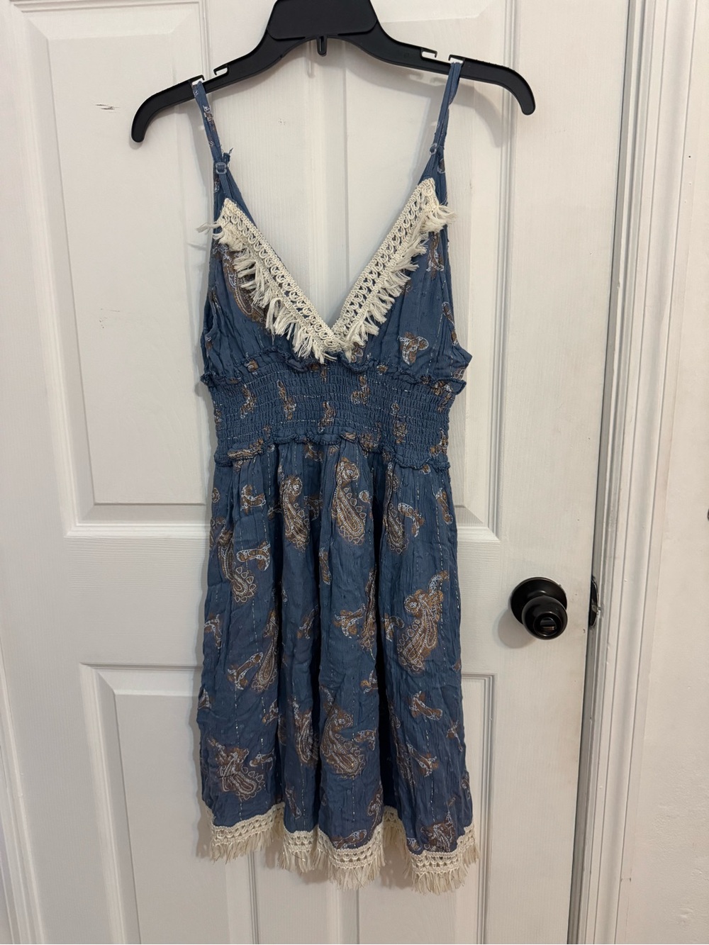 Zury BoHo Blue Paisley Viscose Sundress with Fringe and Lace